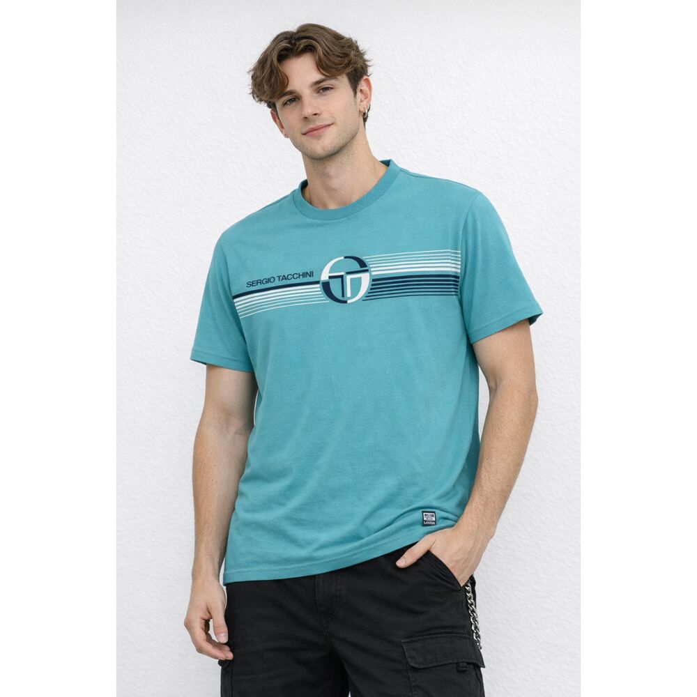 SERGIO TACCHINI Blue Adamo Cotton Print Crew Short Sleeve Mens T-Shirt Sz L